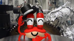 Smiling crab with top hat in the laboratory